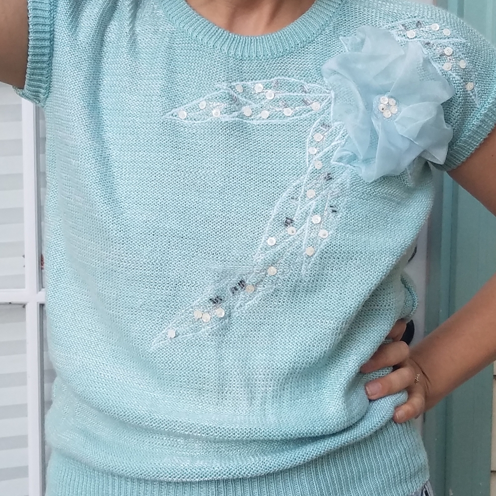 Vintage 80s aqua floral bow top, Golden Girls Style